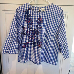 a. moon Women's Blue Gingham Check SZ L Blouse Embroidery Floral Ruffled SLV Top